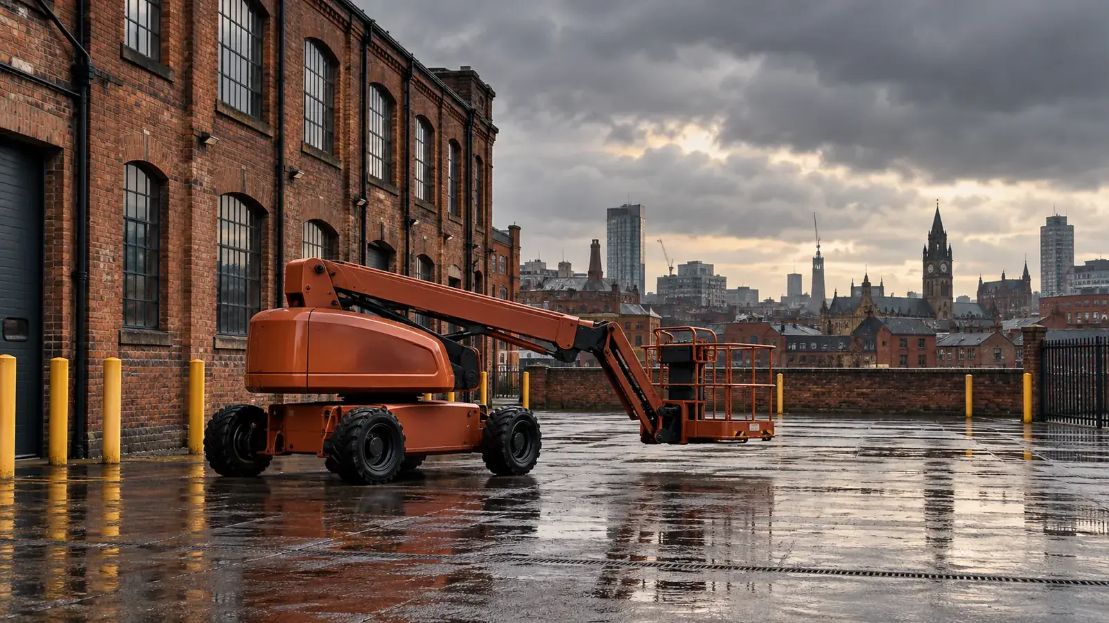 Boom lift in a rain-darkened red brick commercial yard